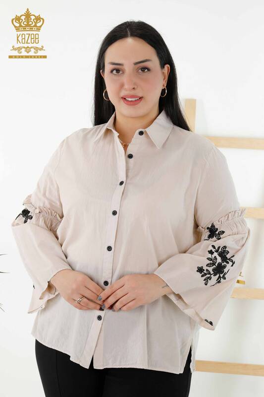 Wholesale Women's Shirt - Sleeve Floral Embroidered - Beige - 20353 | KAZEE