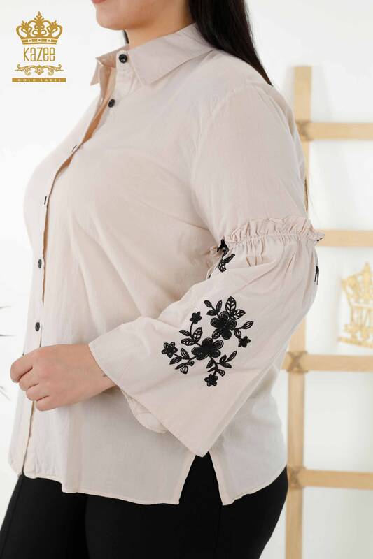 Wholesale Women's Shirt - Sleeve Floral Embroidered - Beige - 20353 | KAZEE