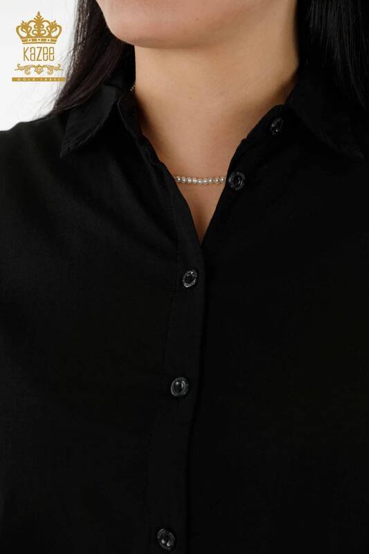 Wholesale Women's Shirt - Floral Embroidery Sleeve - Black - 20353 | KAZEE