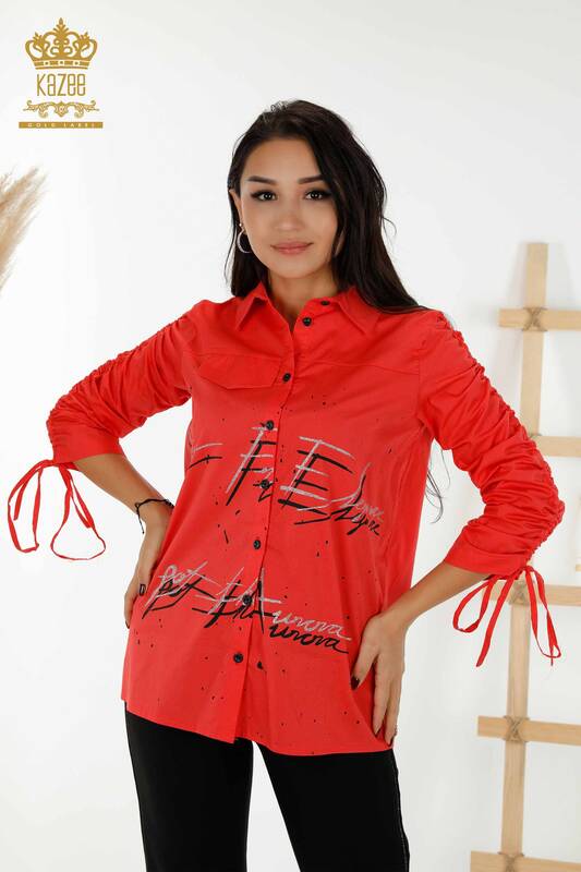 Wholesale Women's Shirts Drawstring Sleeves Coral - 20322 | KAZEE