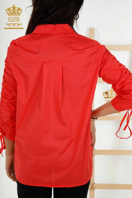 Wholesale Women's Shirts Drawstring Sleeves Coral - 20322 | KAZEE