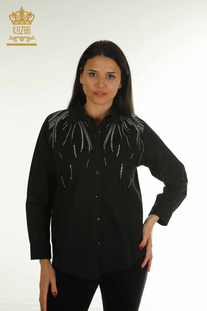 Wholesale Women's Shirt Stone Embroidered Black - 20477 | KAZEE - 1
