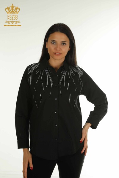 Wholesale Women's Shirt Stone Embroidered Black - 20477 | KAZEE - Kazee