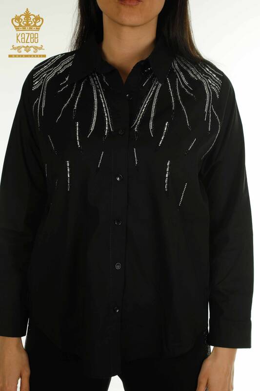 Wholesale Women's Shirt Stone Embroidered Black - 20477 | KAZEE