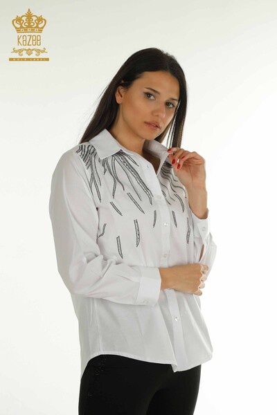 Wholesale Women's Shirt Stone Embroidered White - 20477 | KAZEE - Kazee