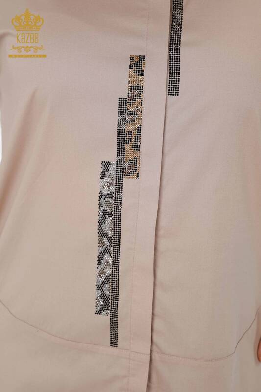 Wholesale Women's Shirt Striped Stone Embroidered Beige - 20060 | KAZEE