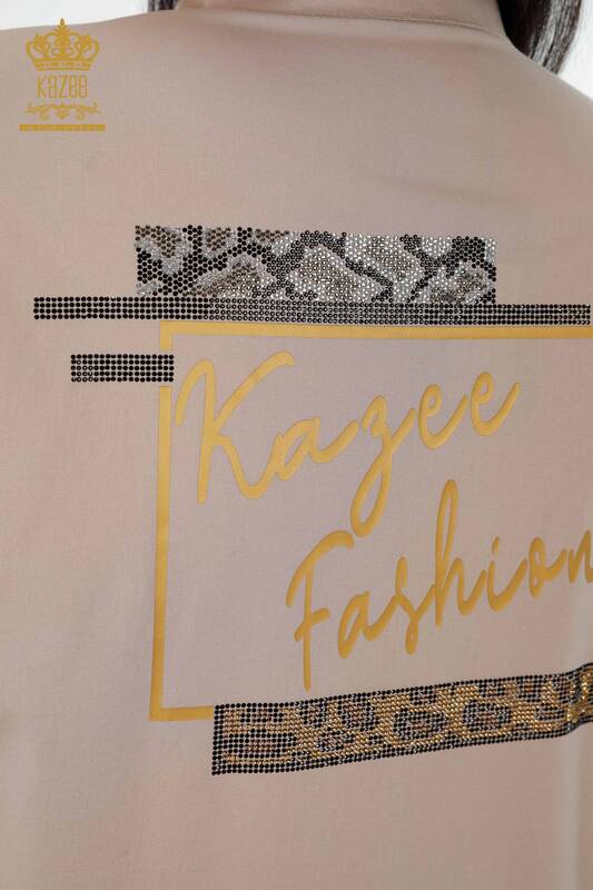 Wholesale Women's Shirt Striped Stone Embroidered Beige - 20060 | KAZEE
