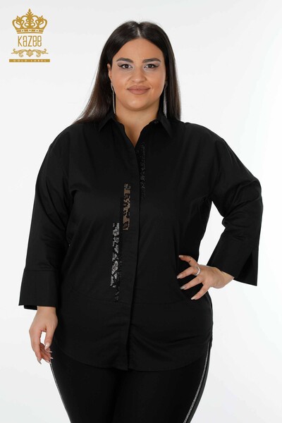 Wholesale Women's Shirt Stripe Stone Embroidered Black - 20060 | KAZEE - Thumbnail