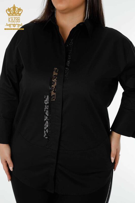 Wholesale Women's Shirt Stripe Stone Embroidered Black - 20060 | KAZEE