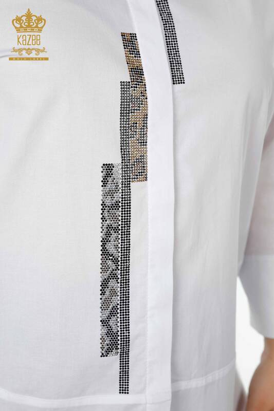 Wholesale Women's Shirt Stripe Stone Embroidered White - 20060 | KAZEE