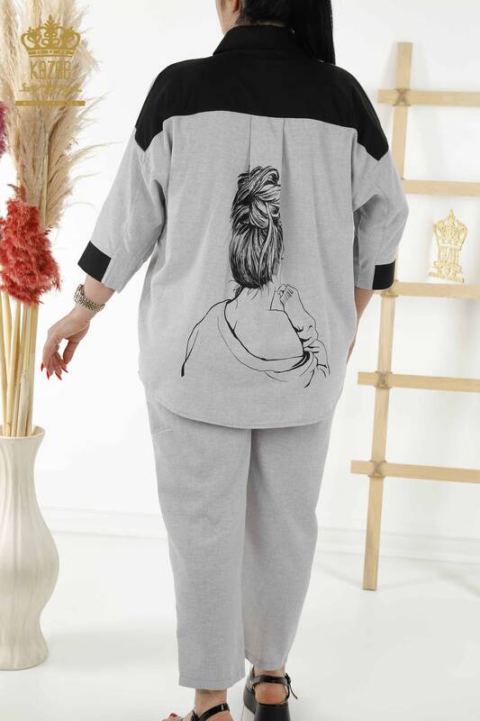 Wholesale Women's Shirt Suit - Patterned - Gray - 20332 | KAZEE