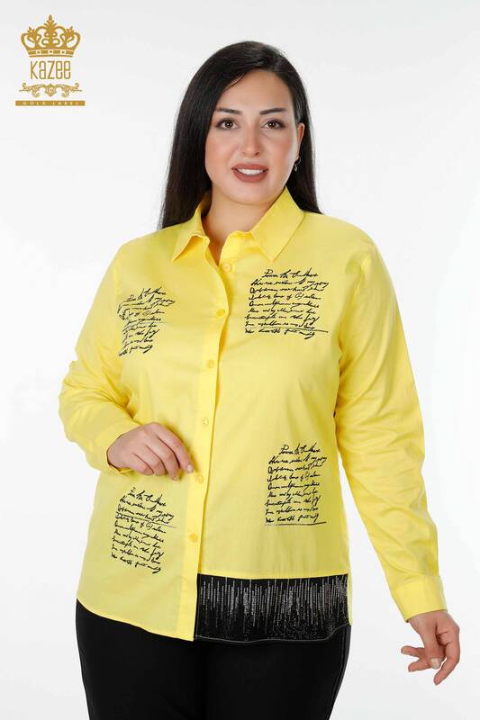 Wholesale Women's Shirt With Text Detailed Yellow - 20097 | KAZEE