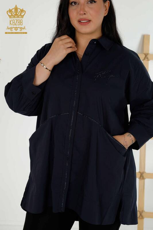 Wholesale Women's Shirt - Two Pockets - Navy Blue - 20220 | KAZEE