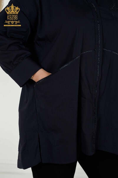 Wholesale Women's Shirt - Two Pockets - Navy Blue - 20220 | KAZEE - Thumbnail