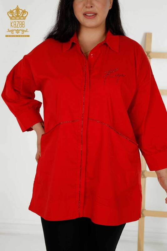 Wholesale Women's Shirt - Two Pockets - Pomegranate Blossom - 20220 | KAZEE