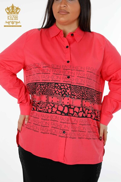 Wholesale Women's Shirt Letter Detailed Leopard Printed Stony Cotton - 20079 | KAZEE - Thumbnail