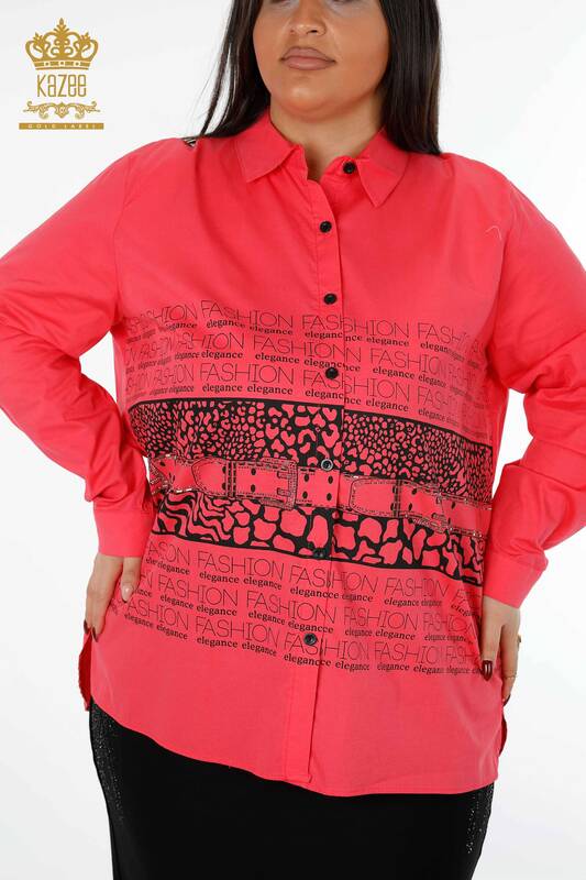 Wholesale Women's Shirt Letter Detailed Leopard Printed Stony Cotton - 20079 | KAZEE