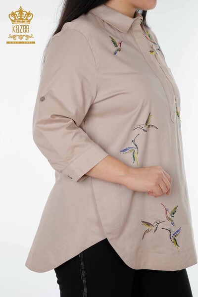 Wholesale Women's Shirt Bird Pattern Beige - 20129 | KAZEE - Thumbnail