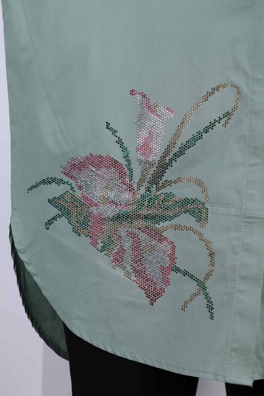 Wholesale Women's Shirt Flower Patterned Stone Embroidery - 17053 | KAZEE