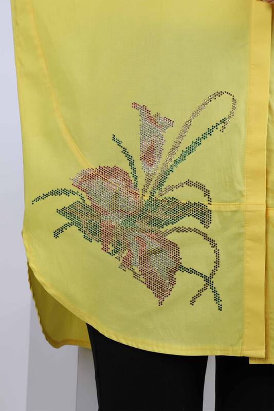 Wholesale Women's Shirt Flower Patterned Stone Embroidery - 17053 | KAZEE