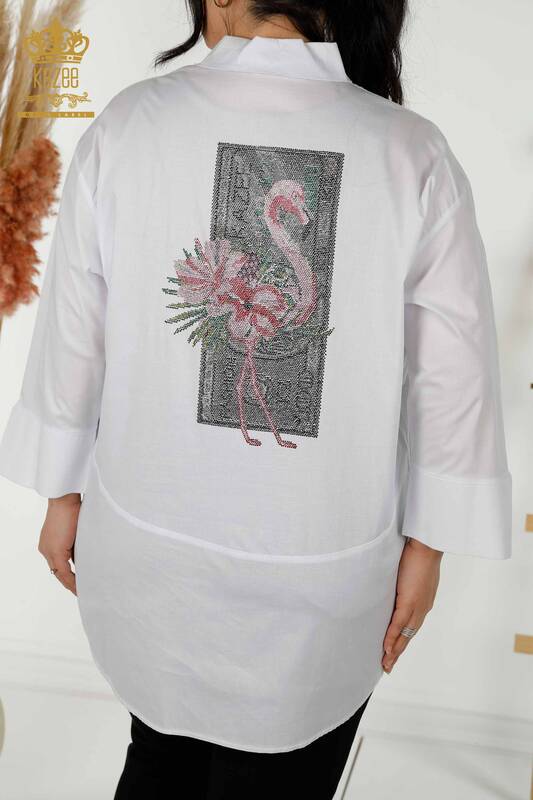 Wholesale Women's Shirt Stone Embroidered White - 20031 | KAZEE
