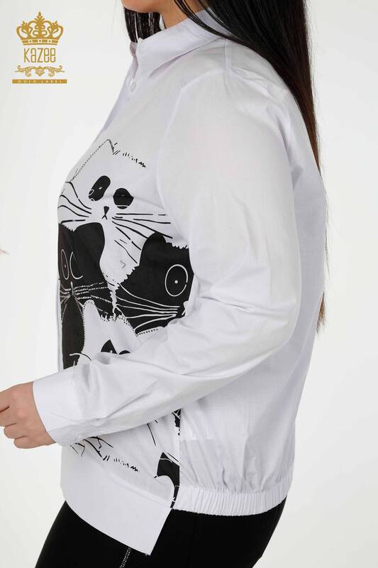 Wholesale Women's Shirt Cat Patterned White - 20318 | KAZEE