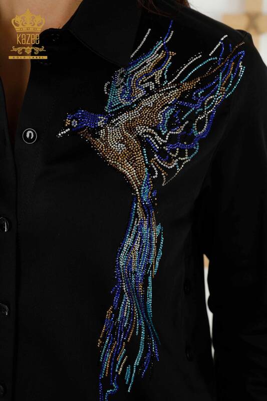 Wholesale Women's Shirt - Colorful Bird Pattern - Black - 20236 | KAZEE