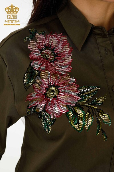 Wholesale Women's Shirt Colorful Flower Embroidered Khaki - 20234 | KAZEE - Thumbnail