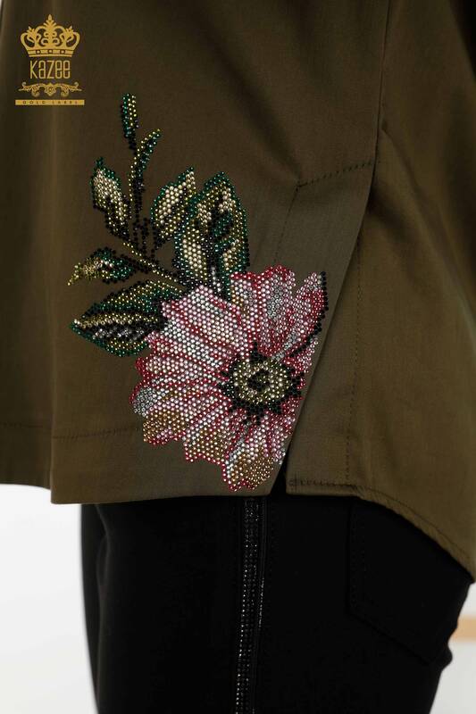 Wholesale Women's Shirt Colorful Flower Embroidered Khaki - 20234 | KAZEE
