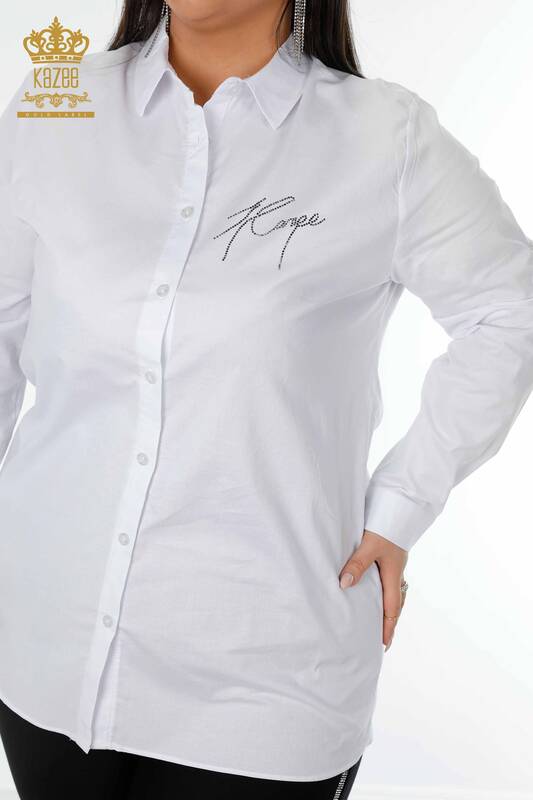 Wholesale Women's Shirt Colored Patterned White - 20085 | KAZEE