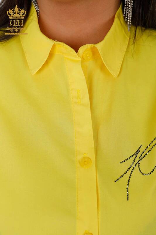 Wholesale Women's Shirt Colored Patterned Yellow - 20085 | KAZEE