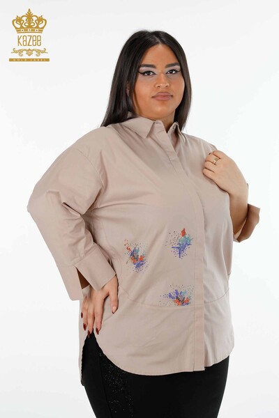 Wholesale Women's Shirt Colored Stone Embroidered Back Patterned Cotton - 20064 | KAZEE - Thumbnail