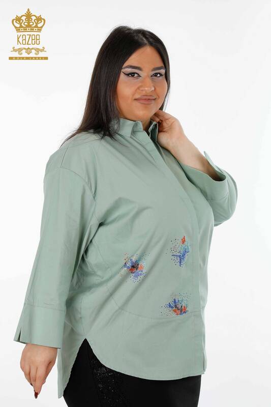 Wholesale Women's Shirt Colored Stone Embroidered Back Patterned Cotton - 20064 | KAZEE