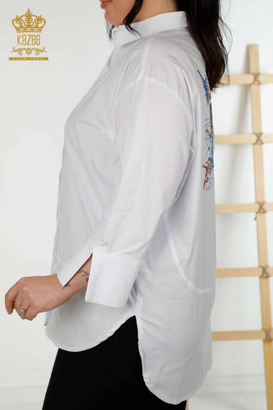 Wholesale Women's Shirt Colored Stone Embroidered White - 20064 | KAZEE