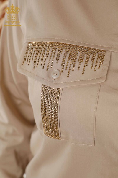 Wholesale Women's Shirt - Crystal Stone Embroidered - Beige - 20239 | KAZEE - Thumbnail