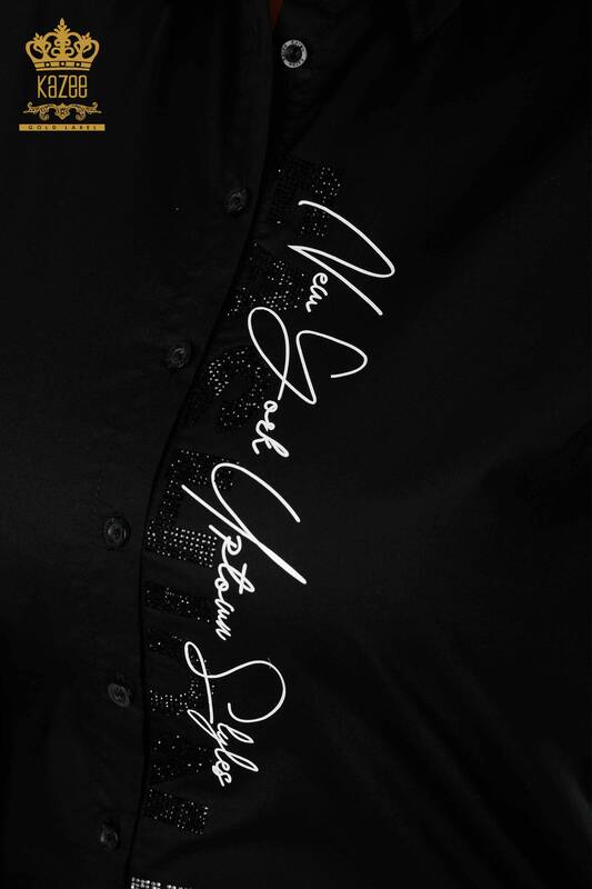 Wholesale Women's Shirt Crystal Stone Embroidered Black - 20136 | KAZEE