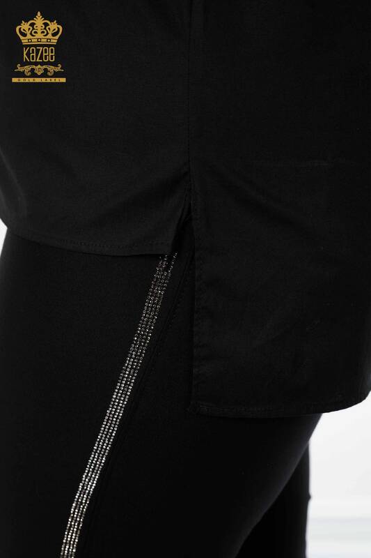 Wholesale Women's Shirt Crystal Stone Embroidered Black - 20136 | KAZEE