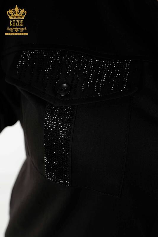 Wholesale Women's Shirt - Crystal Stone Embroidered - Black - 20239 | KAZEE