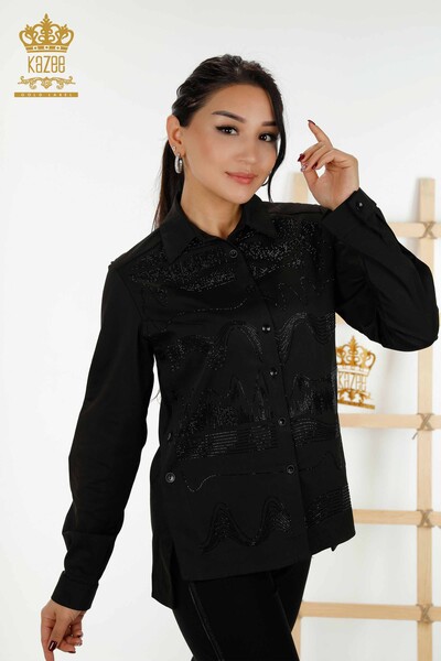 Wholesale Women's Shirt Crystal Stone Embroidered Black - 20240 | KAZEE - Thumbnail
