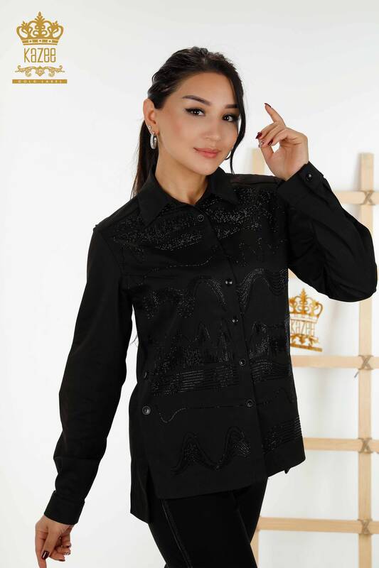 Wholesale Women's Shirt Crystal Stone Embroidered Black - 20240 | KAZEE