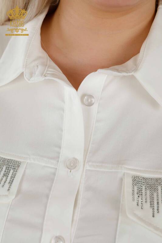 Wholesale Women's Shirt - Crystal Stone Embroidered - Ecru - 20239 | KAZEE