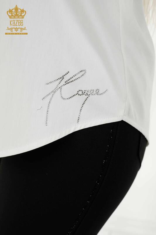 Wholesale Women's Shirt - Crystal Stone Embroidered - Ecru - 20239 | KAZEE