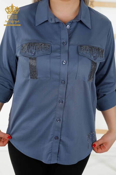 Wholesale Women's Shirt - Crystal Stone Embroidered - Indigo - 20239 | KAZEE - Thumbnail