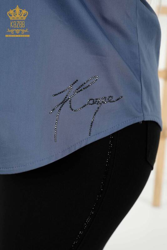 Wholesale Women's Shirt - Crystal Stone Embroidered - Indigo - 20239 | KAZEE