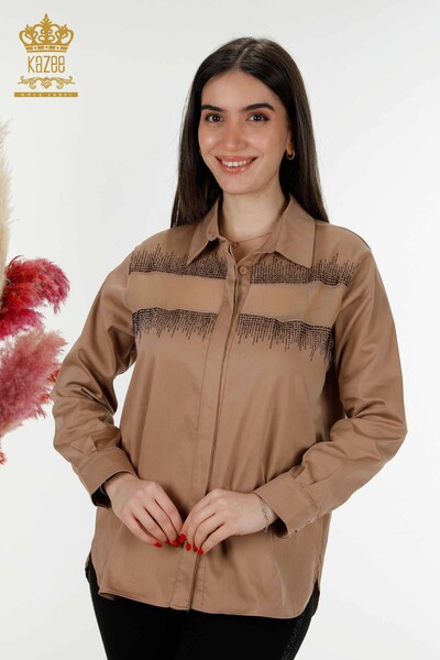 Wholesale Women's Shirt Crystal Stone Embroidered Mink - 20250 | KAZEE - Thumbnail