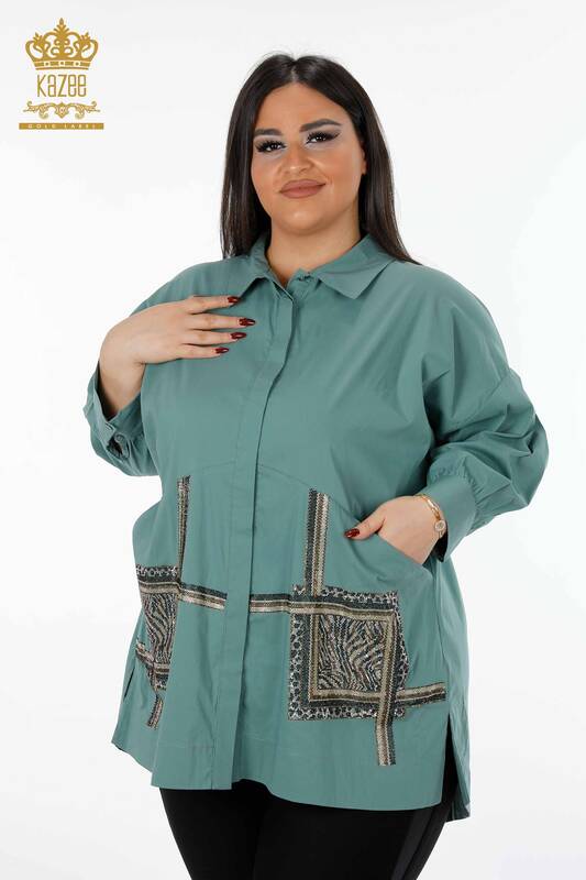Wholesale Women's Shirt With Double Pocket Stone Embroidered Cotton Pattern - 20198 | KAZEE