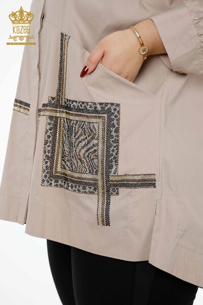 Wholesale Women's Shirt With Double Pocket Stone Embroidered Cotton Pattern - 20198 | KAZEE - Thumbnail