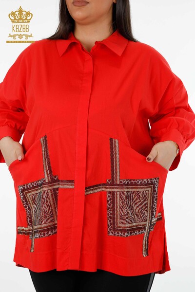 Wholesale Women's Shirt With Double Pocket Stone Embroidered Cotton Pattern - 20198 | KAZEE - Thumbnail