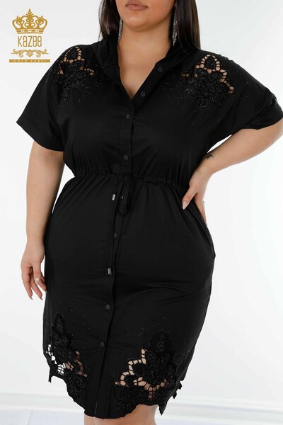 Wholesale Women's Shirt Dress With Hooded Floral Pattern Black - 20217 | KAZEE - Thumbnail