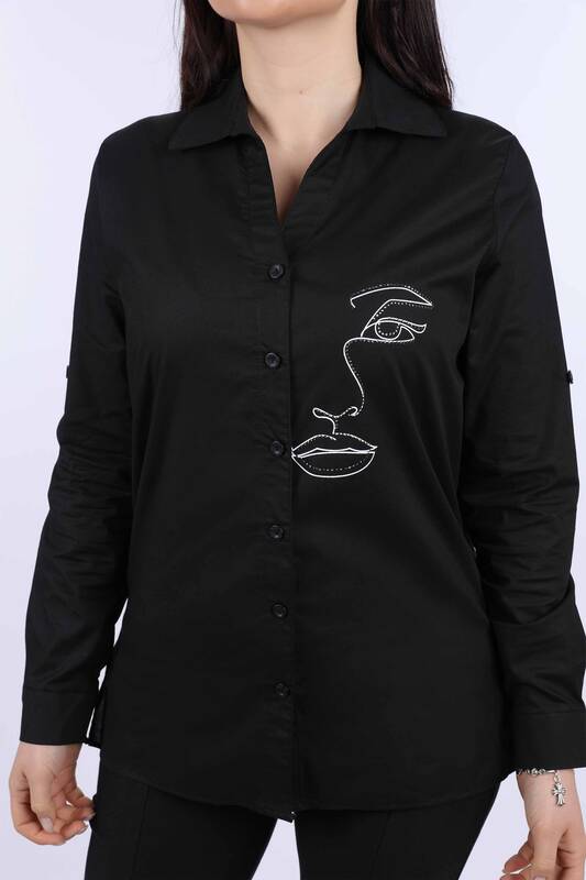 Wholesale Women's Shirt Face Printed Stone Embroidery Embroidered - 20094 | KAZEE